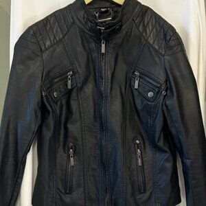 Stretchy Black Leather Jacket with Patterned Lining size Medium